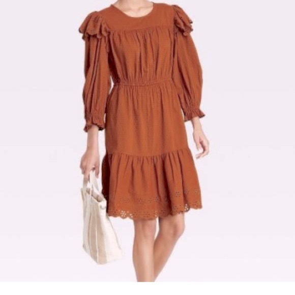 Universal Thread Dress MIDI Size Medium Solid Brown Ruffled - Picture 1 of 3